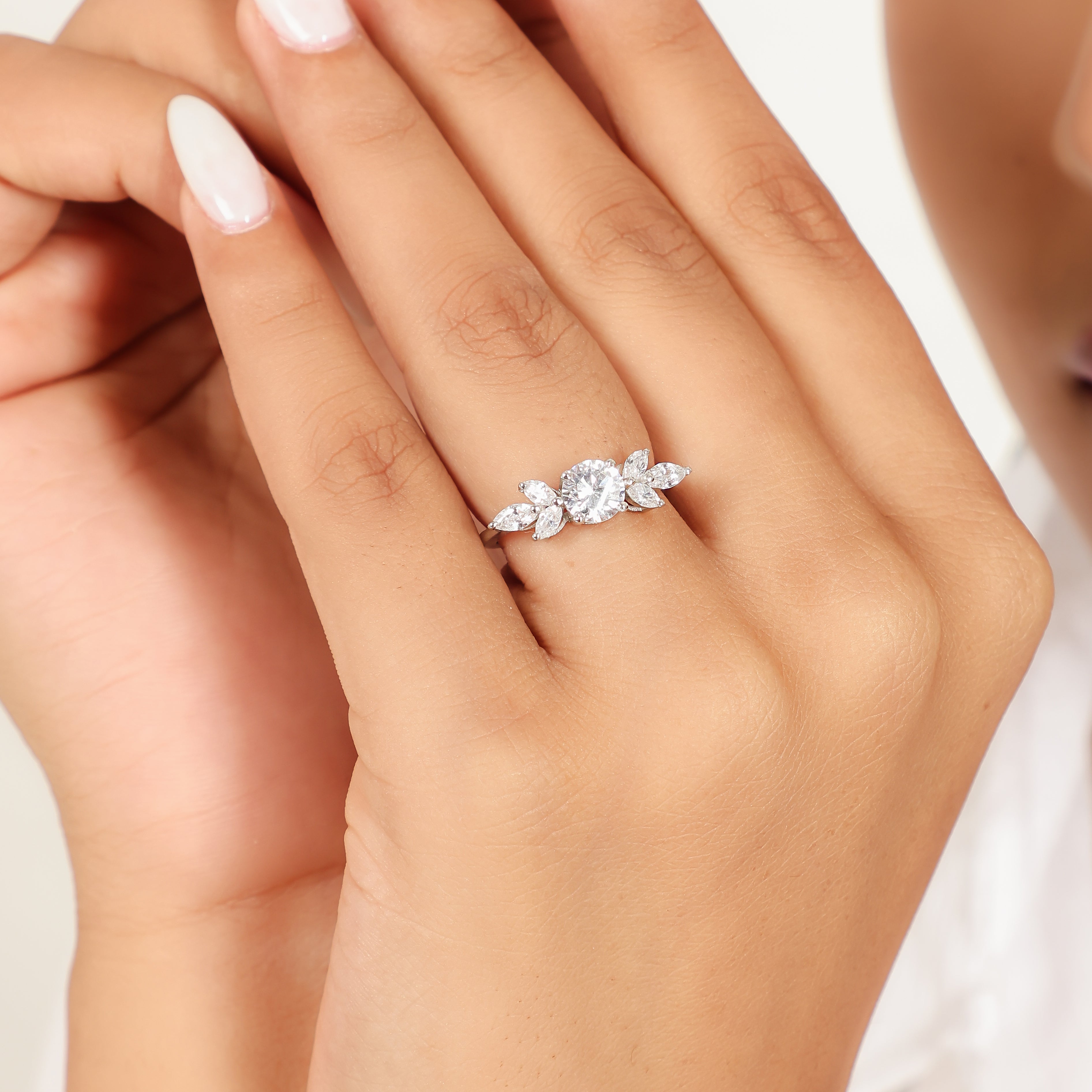 Round & Marquise Cluster Wedding Ring, Hallmarked 925 Sterling Silver