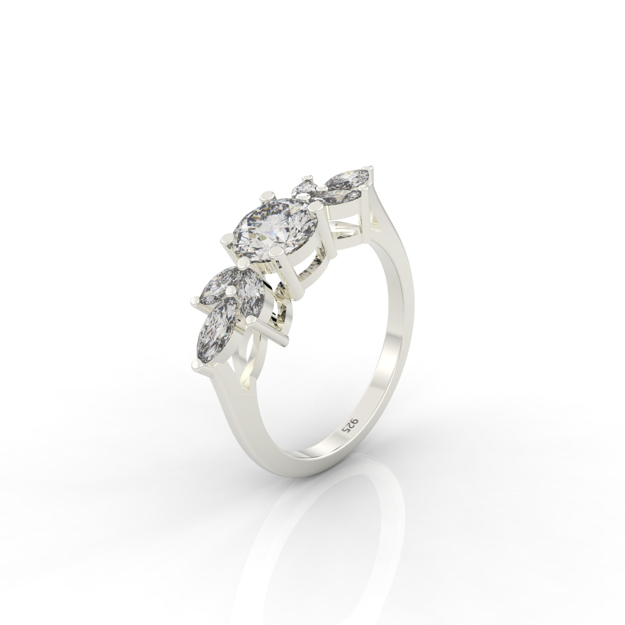 Round & Marquise Cluster Wedding Ring, Hallmarked 925 Sterling Silver