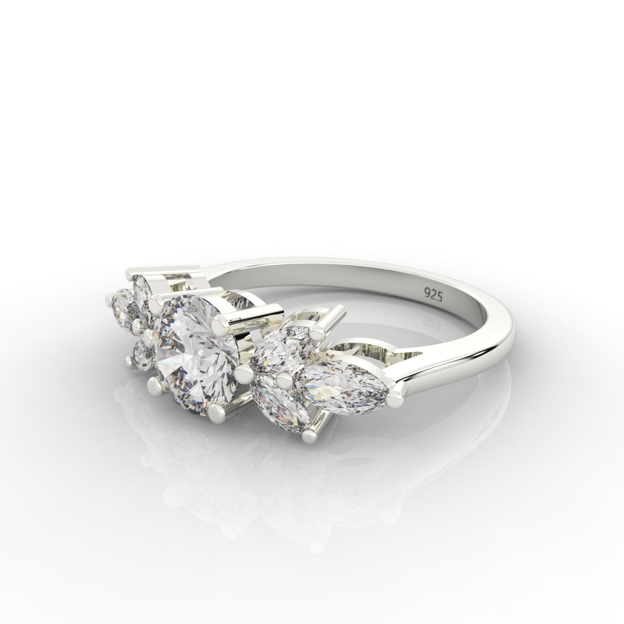 Round & Marquise Cluster Wedding Ring, Hallmarked 925 Sterling Silver