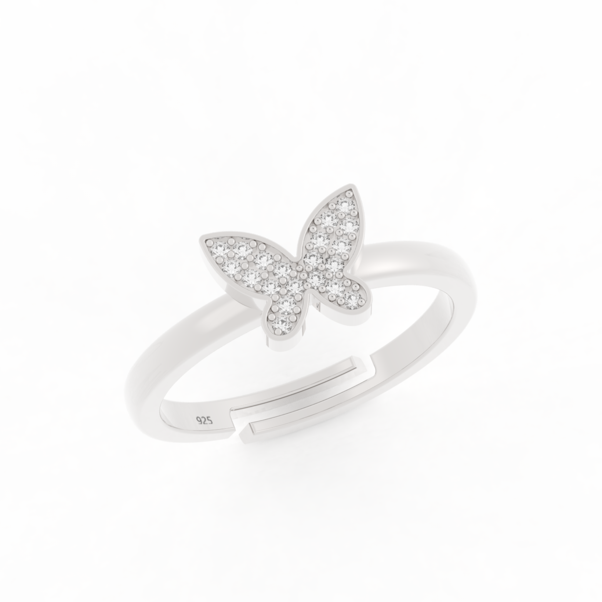 Shimmery Butterfly Cute Ring- Hallmarked 925 Sterling Silver White Gold