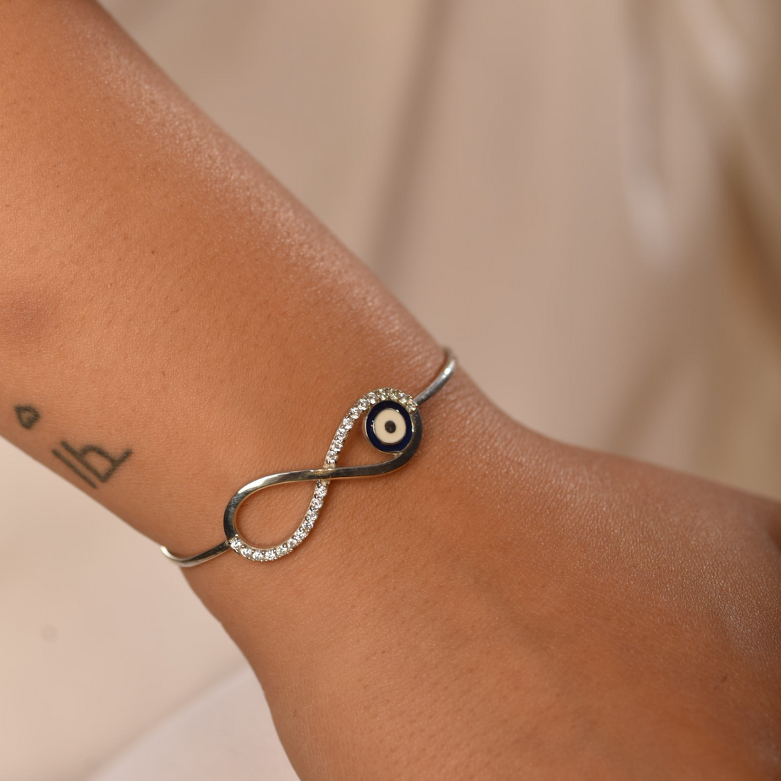 Sparkling Infinity Evil Eye Bangle Bracelet For Her, Hallmarked 925 Sterling Silver