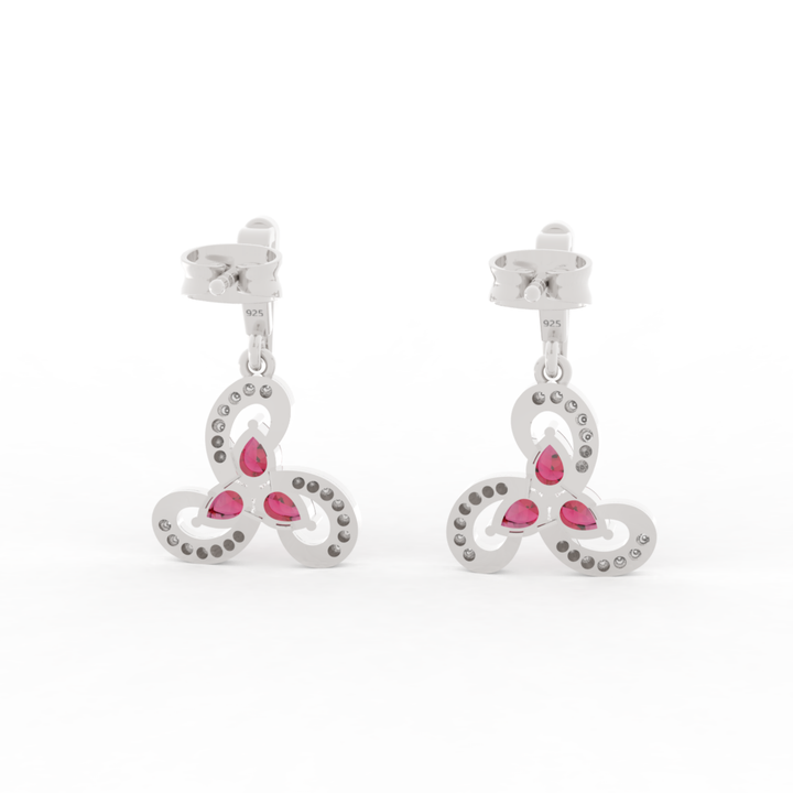 Vintage Ruby Flower Dangle Earrings, Hallmarked 925 Sterling Silver