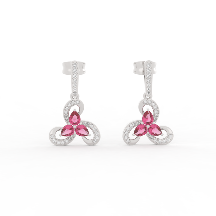 Vintage Ruby Flower Dangle Earrings, Hallmarked 925 Sterling Silver