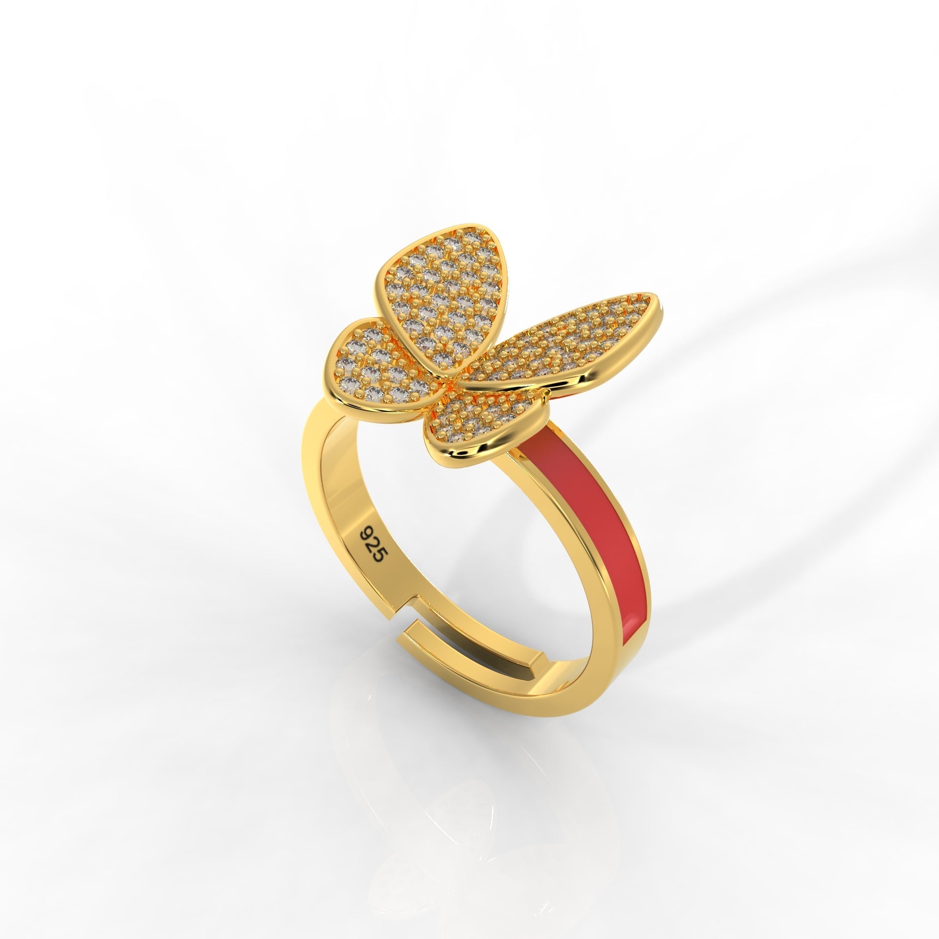 Personalized Butterfly Ring for Women – Hallmarked 925 Sterling Silver with Yellow Gold Plating and Red Enamel, Perfect for Every Occasion